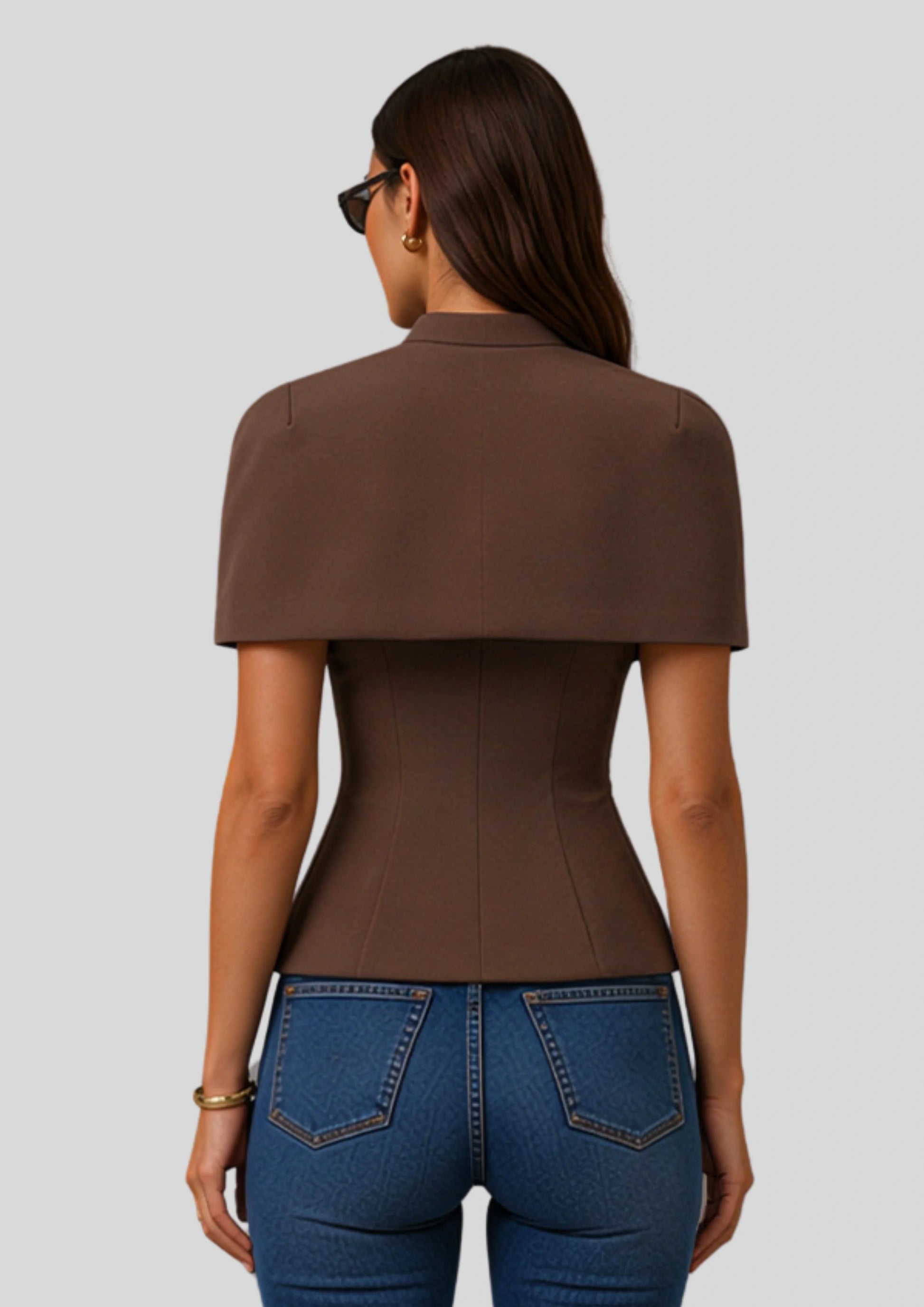 Cape Sleeve Keyhole Peplum Top Brown