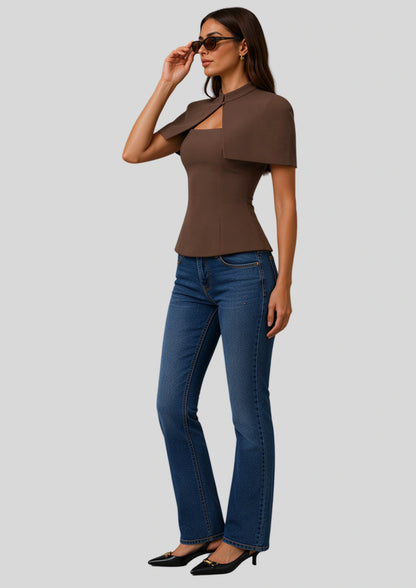 Cape Sleeve Keyhole Peplum Top Brown