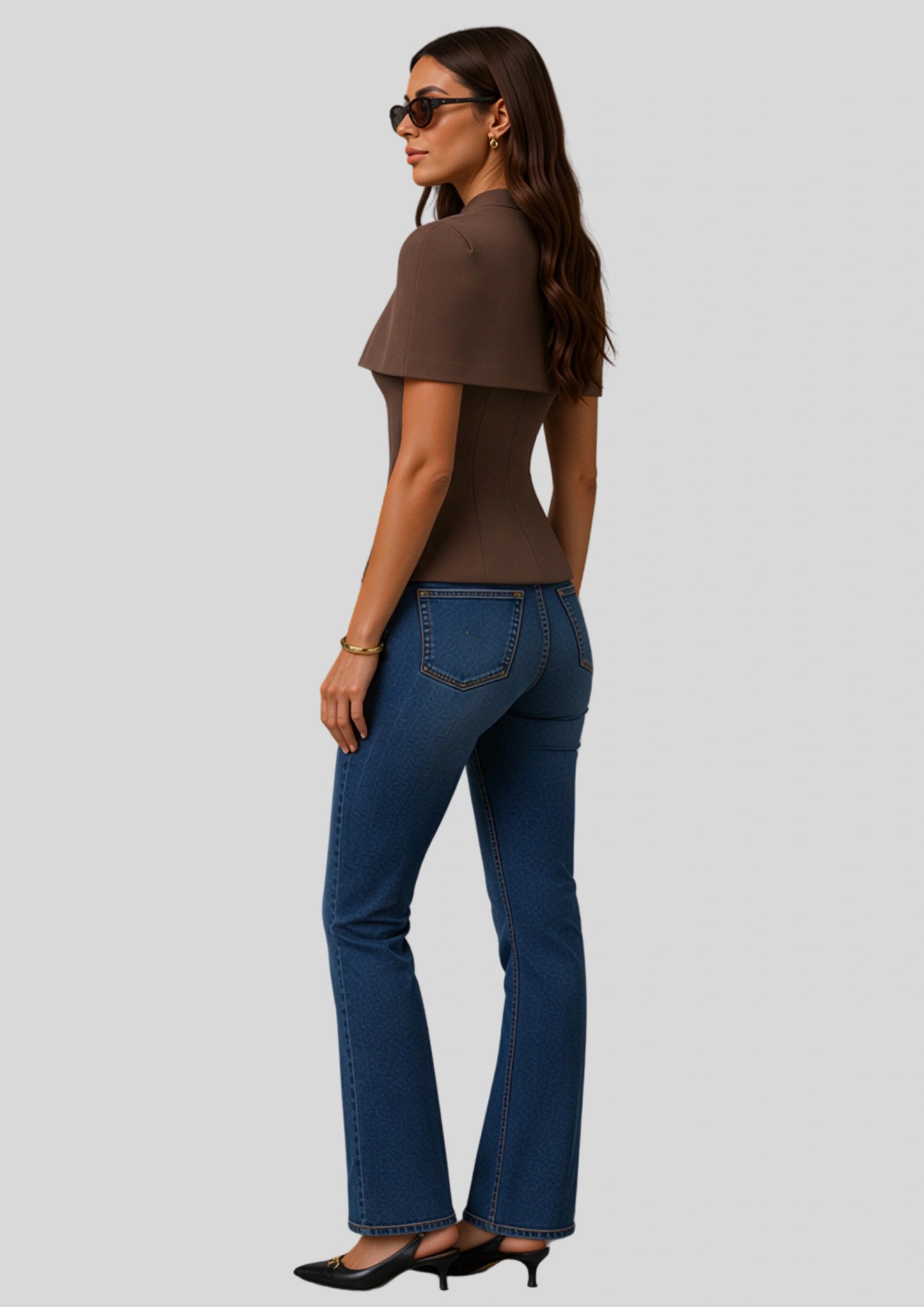 Cape Sleeve Keyhole Peplum Top Brown