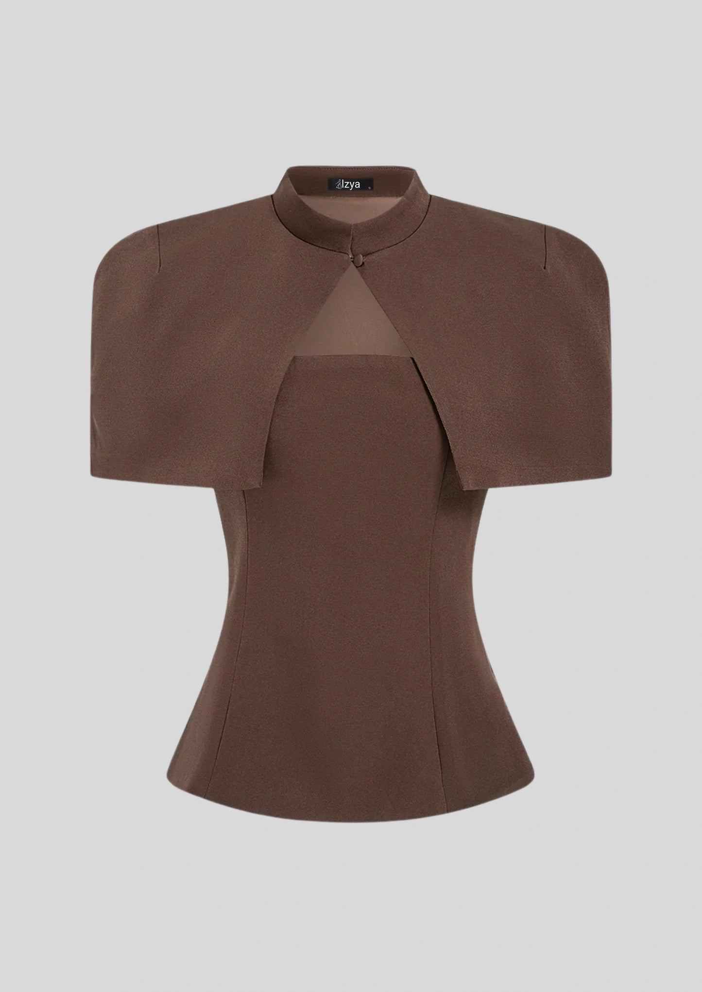 Cape Sleeve Keyhole Peplum Top Brown