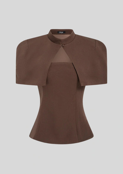 Cape Sleeve Keyhole Peplum Top Brown