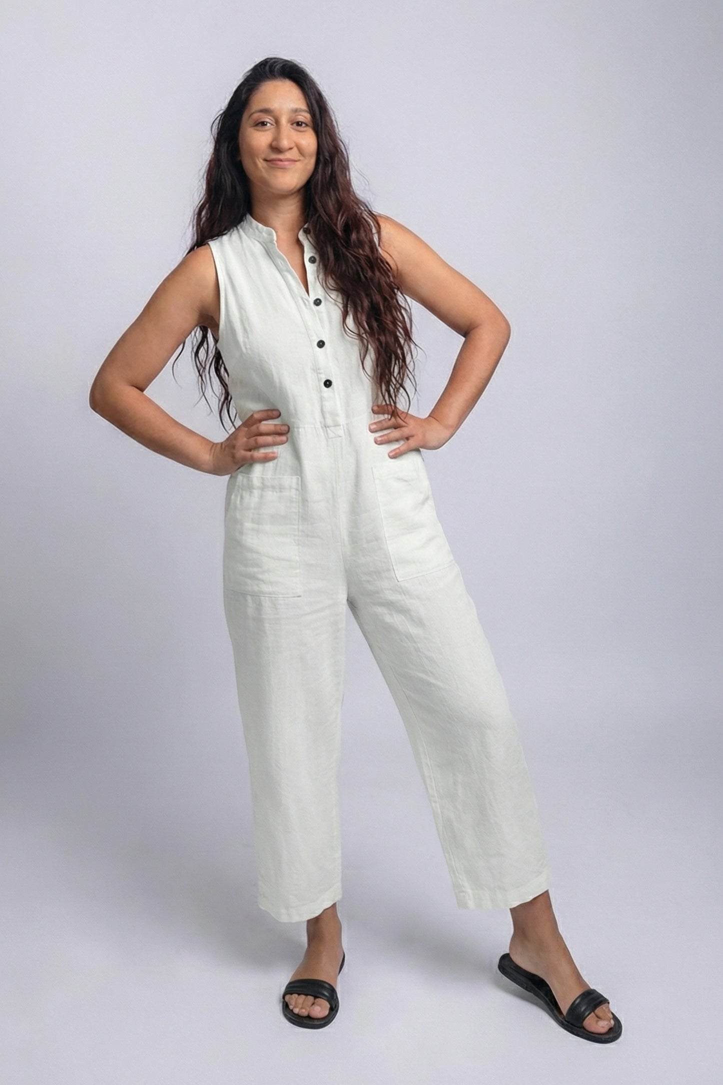 100% Linen Sleeveless Flowy Wide Leg Jumpsuit