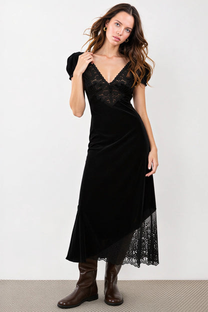 Alzya Black Velvet and Lace V-Neck Maxi Dress black