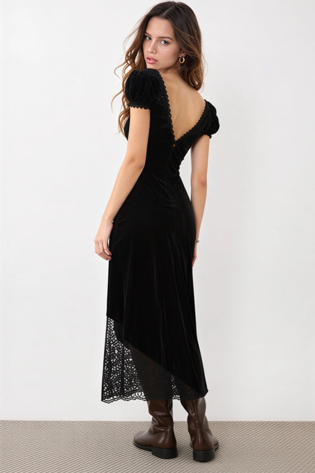 Alzya Black Velvet and Lace V-Neck Maxi Dress black