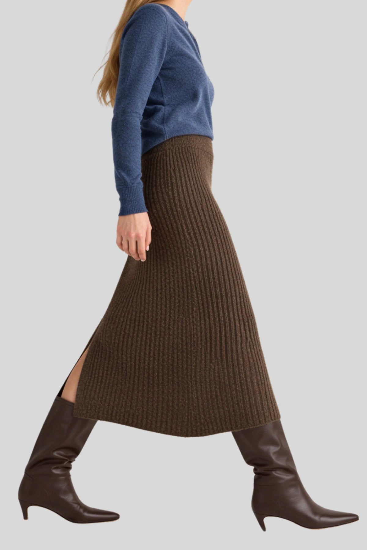 Brown Stretch Wool-Blend Ribbed Knit Midi Skirt with Side Slit