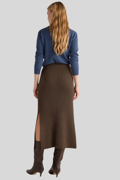 Brown Stretch Wool-Blend Ribbed Knit Midi Skirt with Side Slit