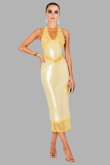 Gold Sequin Slip Midi Dress with Lace Trim