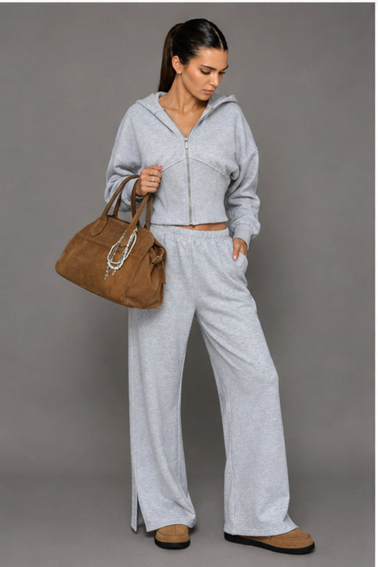 Grey Cropped Corset Zip Hoodie Set
