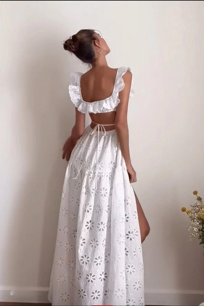 White Cotton Lace Embroidered Boho Maxi Dress
