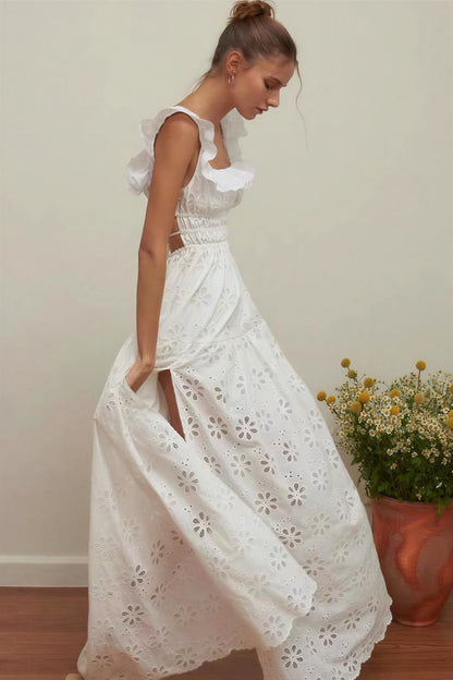 White Cotton Lace Embroidered Boho Maxi Dress