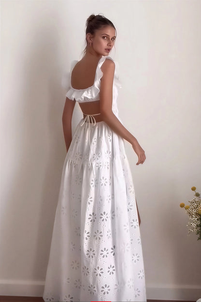 White Cotton Lace Embroidered Boho Maxi Dress