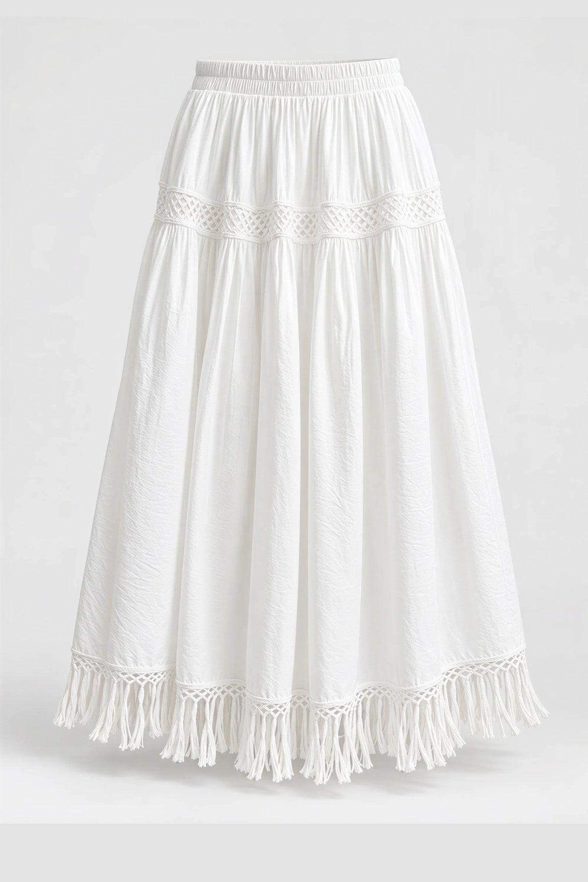 White Embroidered Cotton Midi Skirt with Fringe Hem