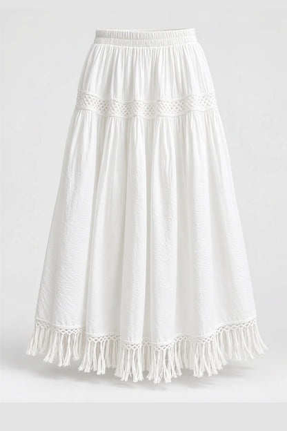 White Embroidered Cotton Midi Skirt with Fringe Hem