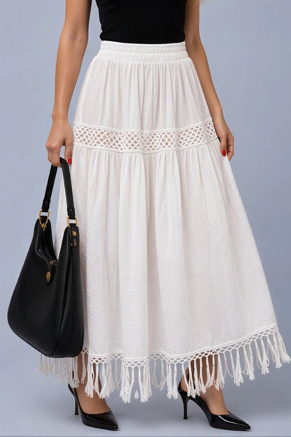 White Embroidered Cotton Midi Skirt with Fringe Hem