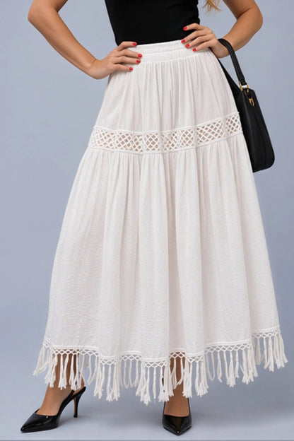 White Embroidered Cotton Midi Skirt with Fringe Hem