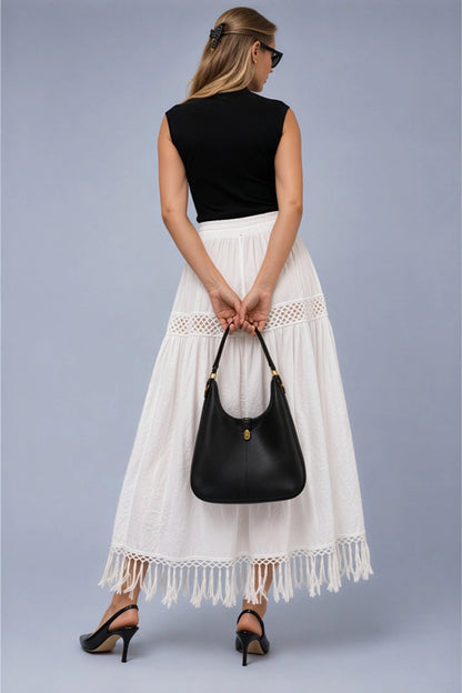 White Embroidered Cotton Midi Skirt with Fringe Hem