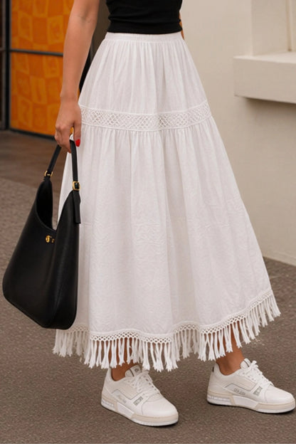 White Embroidered Cotton Midi Skirt with Fringe Hem