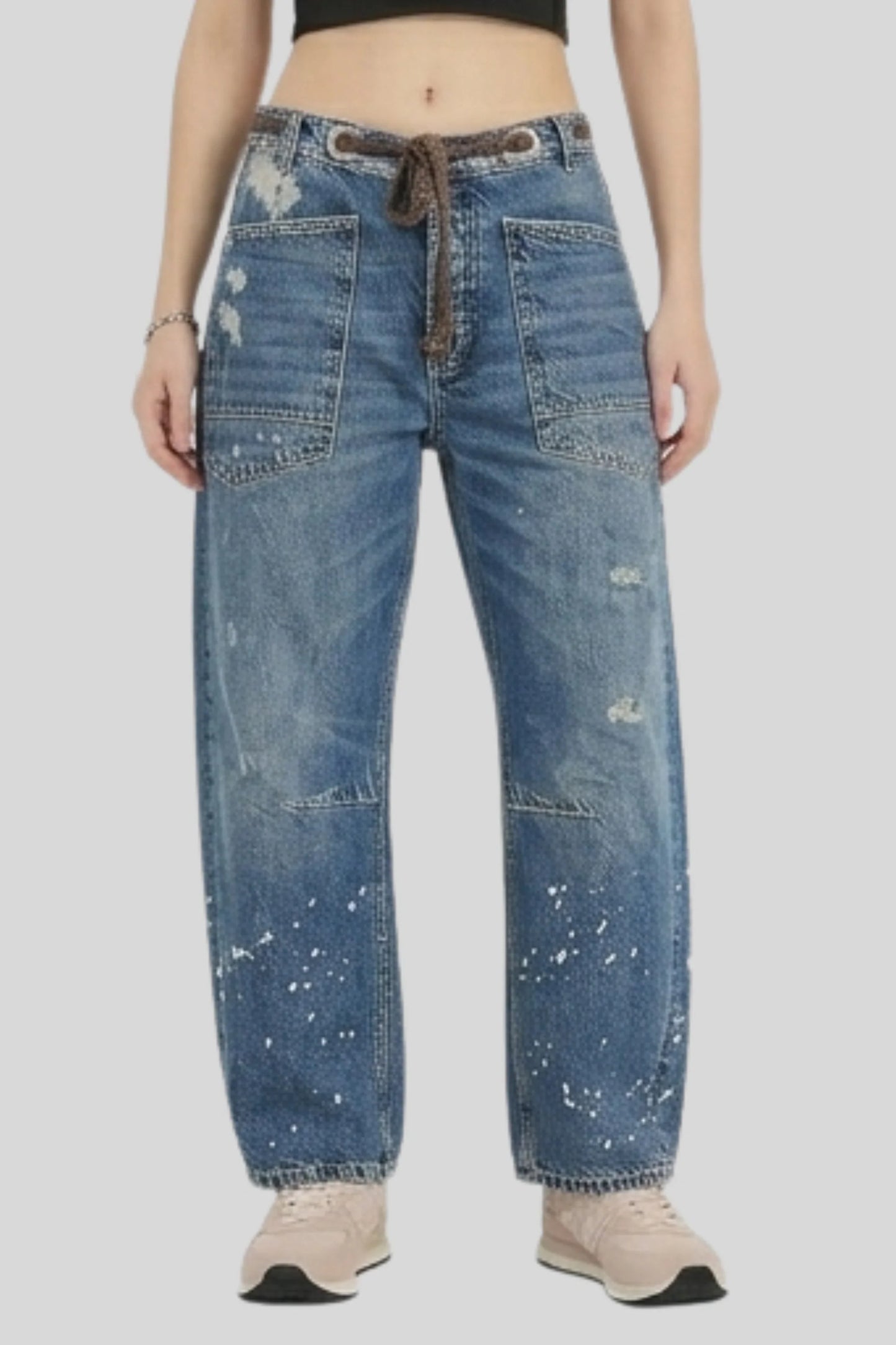 Alzya 2026 vintage painter splatter wide-leg cargo jeans grommet belt loop distressed denim with patch pockets Calypso Blue