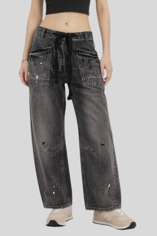 Alzya 2026 vintage painter splatter wide-leg cargo jeans grommet belt loop distressed denim with patch pockets Smoked Black
