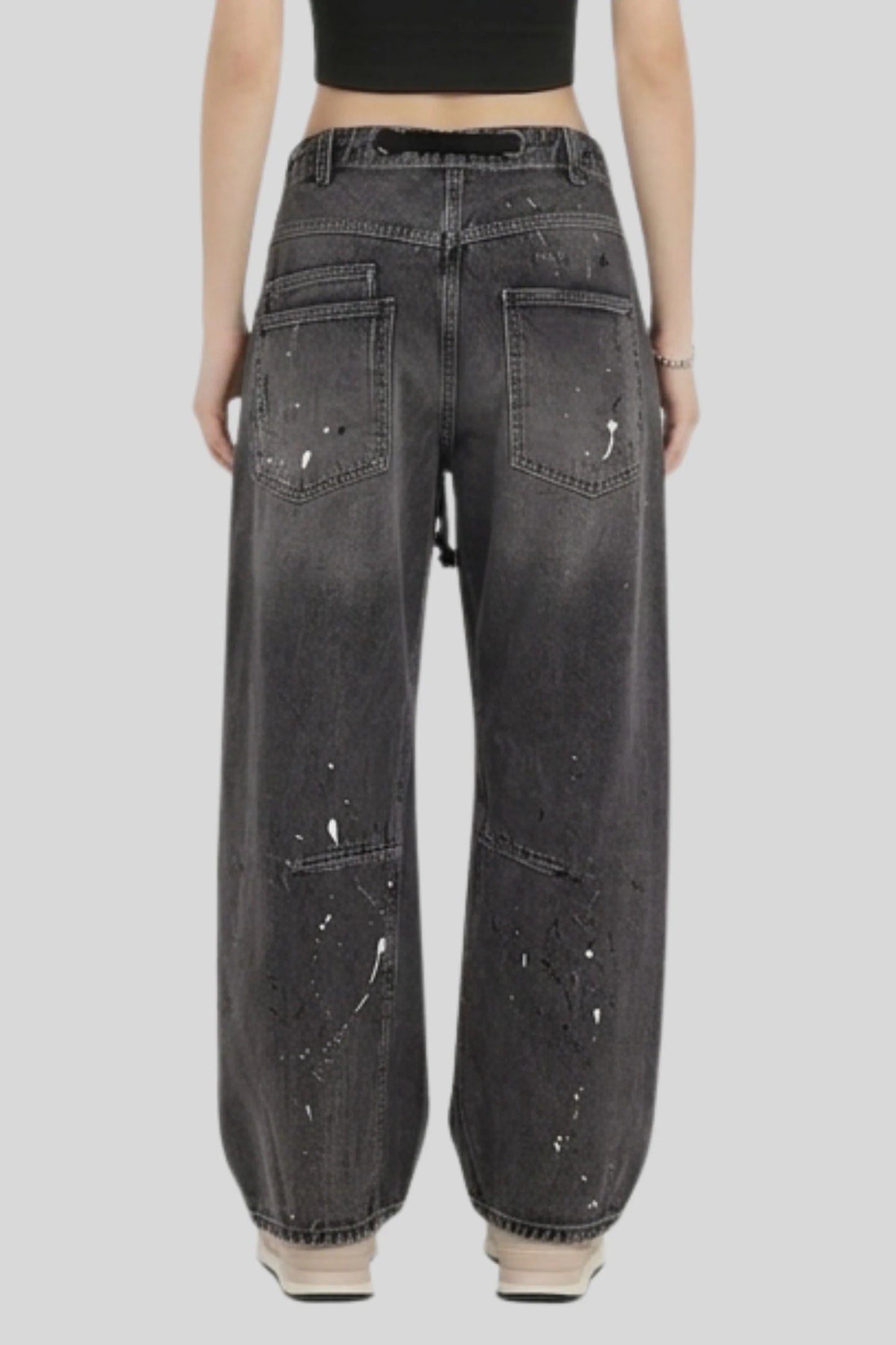 Alzya 2026 vintage painter splatter wide-leg cargo jeans grommet belt loop distressed denim with patch pockets Smoked Black