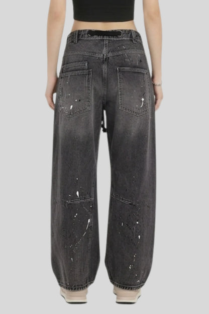 Alzya 2026 vintage painter splatter wide-leg cargo jeans grommet belt loop distressed denim with patch pockets Smoked Black