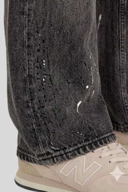Alzya 2026 vintage painter splatter wide-leg cargo jeans grommet belt loop distressed denim with patch pockets Smoked Black