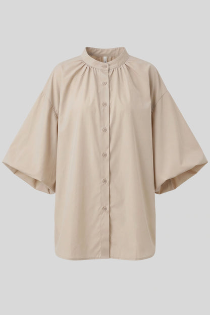 Apricot Puff-Sleeve Stand-Collar Button Blouse Apricot