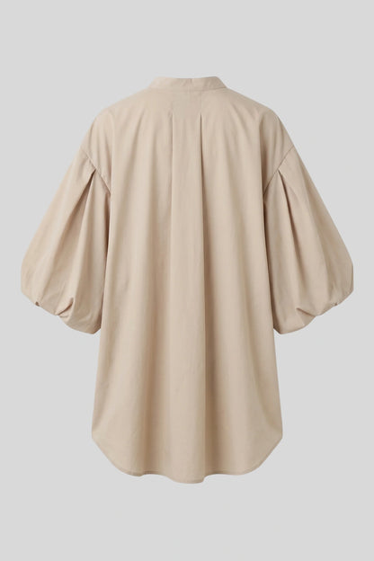 Apricot Puff-Sleeve Stand-Collar Button Blouse Apricot