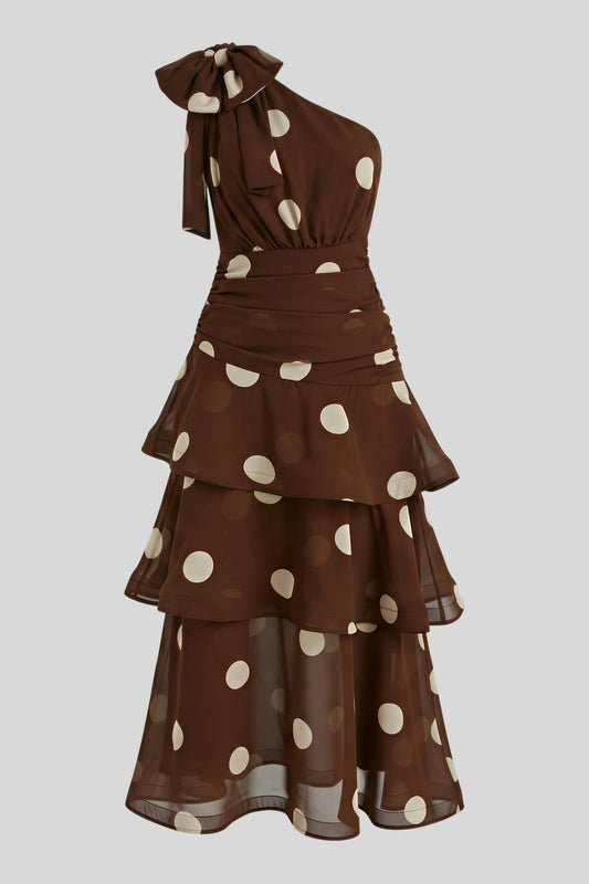 Asymmetric Polka Dot One-Shoulder Midi Dress Coffee