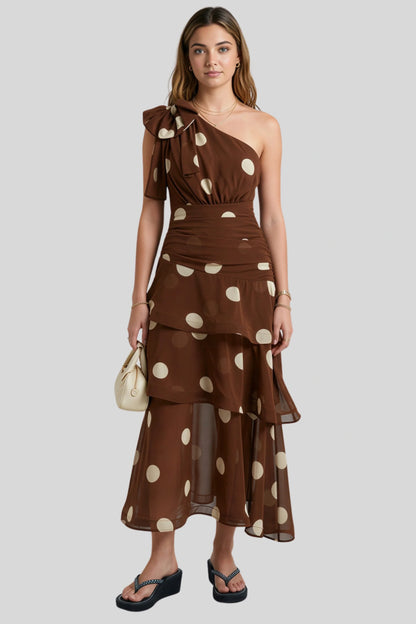 Asymmetric Polka Dot One-Shoulder Midi Dress Coffee