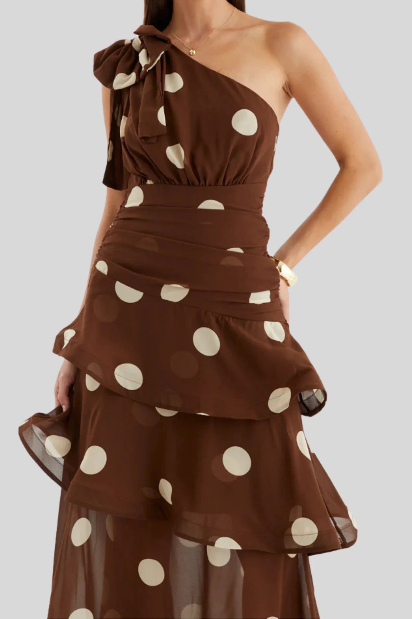 Asymmetric Polka Dot One-Shoulder Midi Dress Coffee