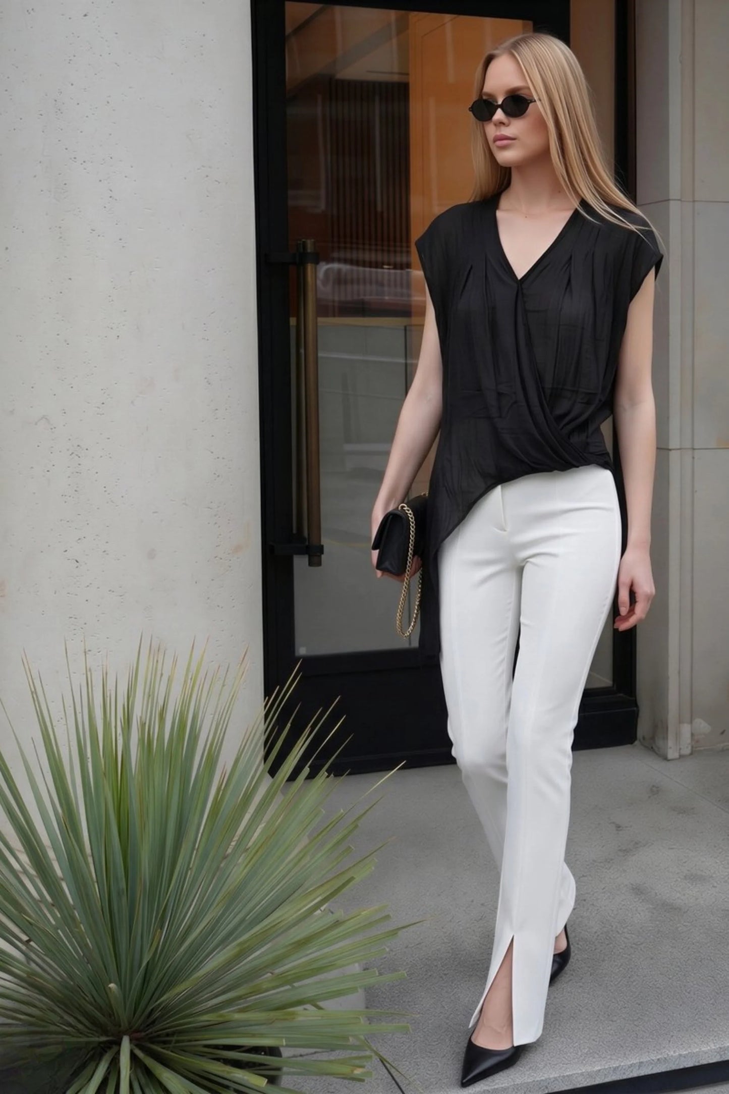 Asymmetric Wrap V-Neck Loose Short-Sleeve Top Khaki