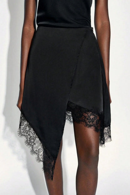 Asymmetrical midi skirt with lace trim Black