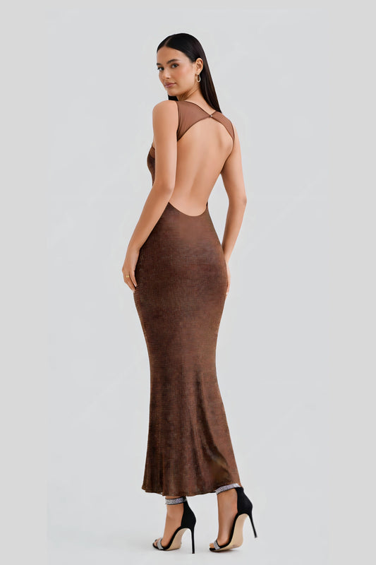 Alzya Backless Spliced Knit Evening Dress_Brown