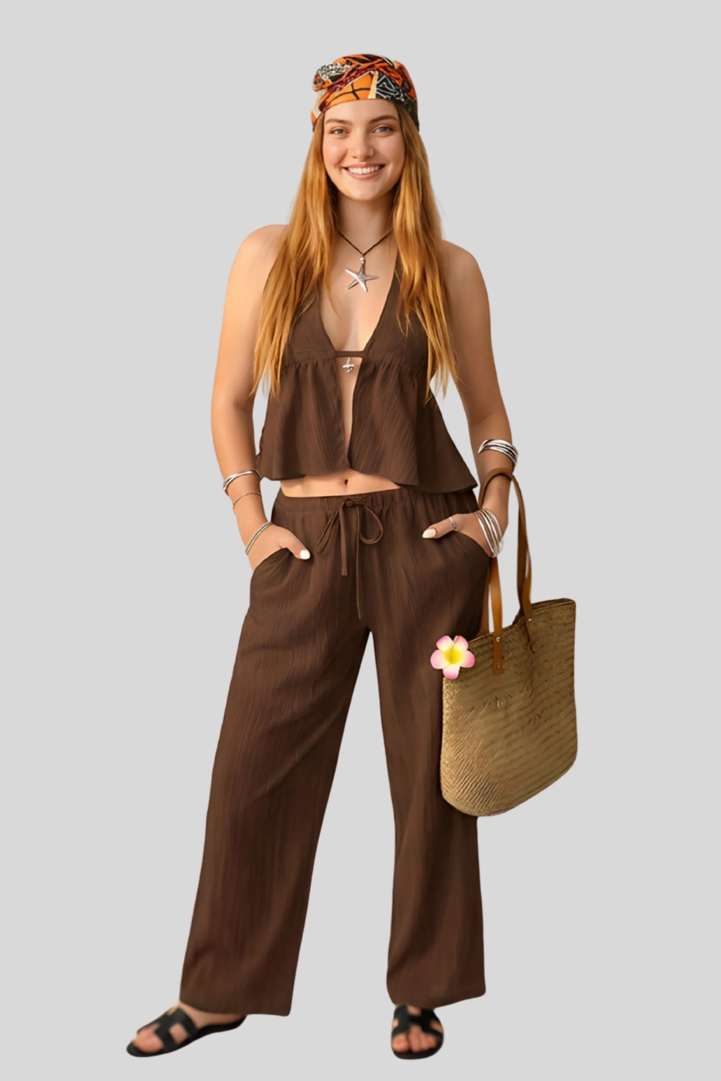 brown-flowy-backless-top-wide-leg-pants-set Chocolate