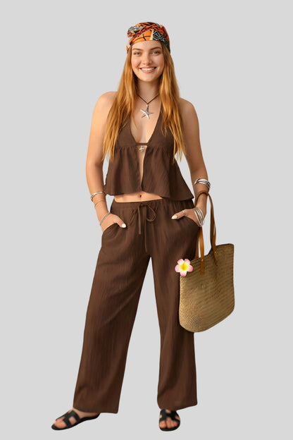 brown-flowy-backless-top-wide-leg-pants-set Chocolate