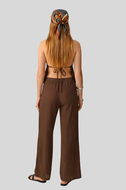 brown-flowy-backless-top-wide-leg-pants-set Chocolate