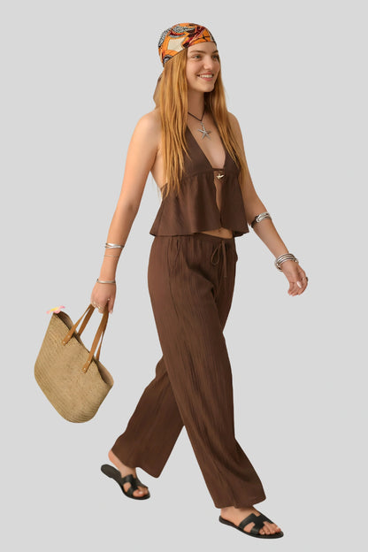 brown-flowy-backless-top-wide-leg-pants-set Chocolate