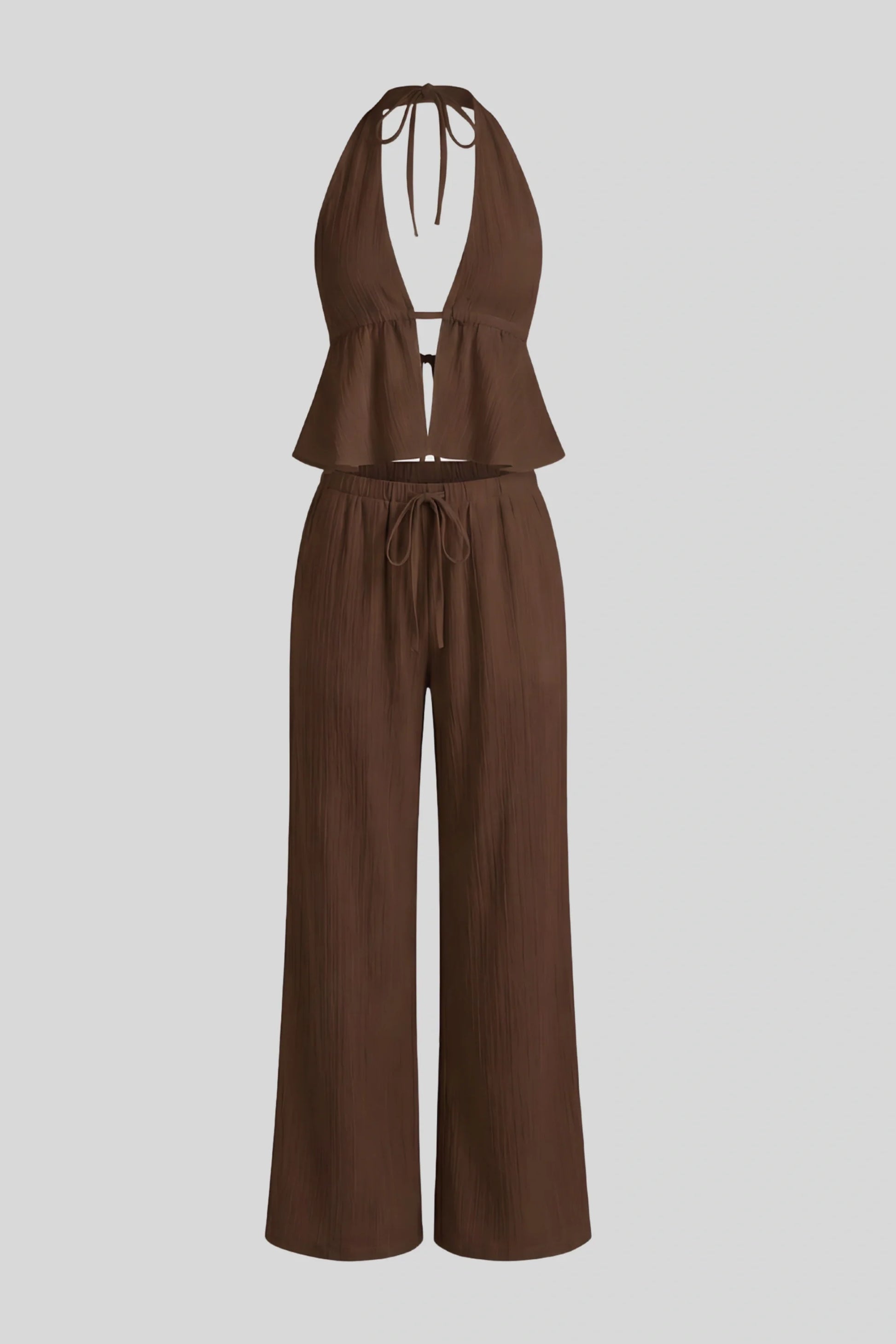 brown-flowy-backless-top-wide-leg-pants-set Chocolate