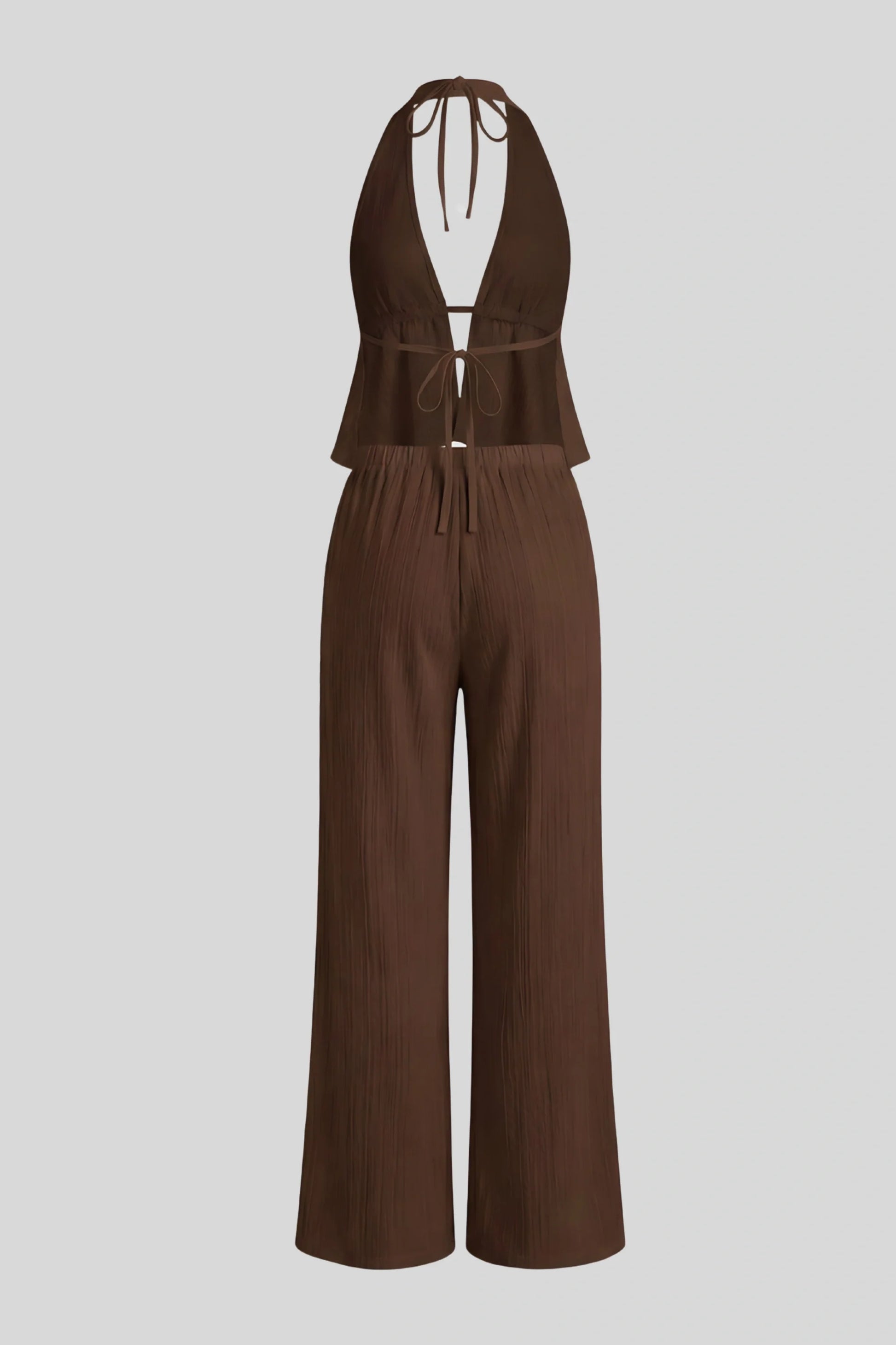 brown-flowy-backless-top-wide-leg-pants-set Chocolate