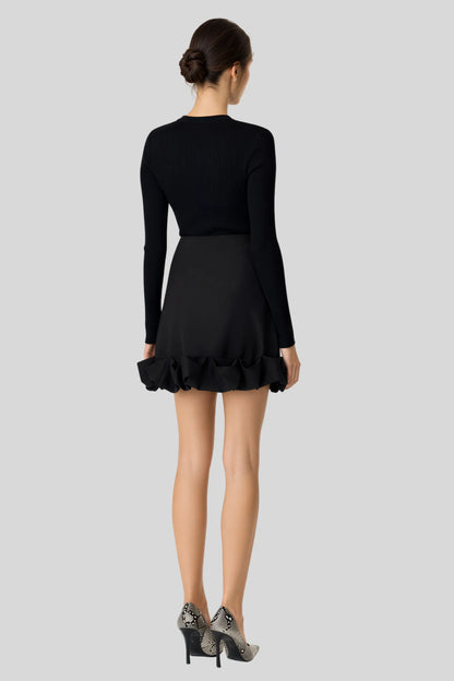 Black A-Line Mini Skirt with Ruffle Hem and Elastic Waist Black