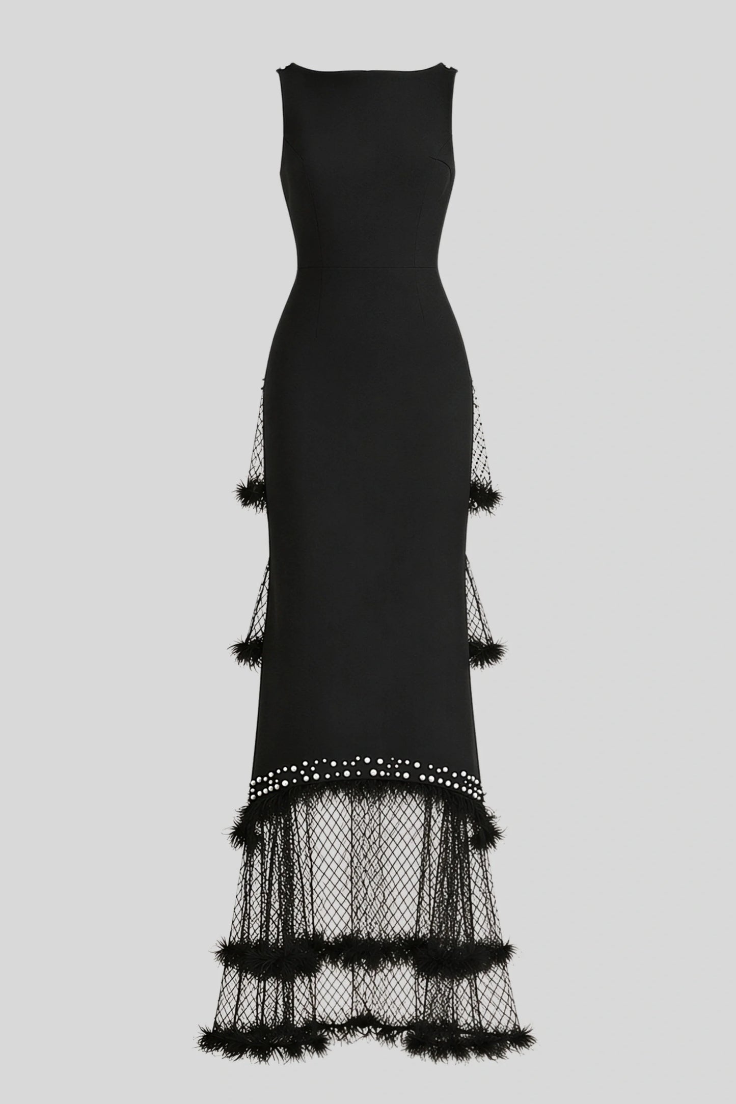 Black Beaded Tulle-Tiered Slim Maxi Dress Black