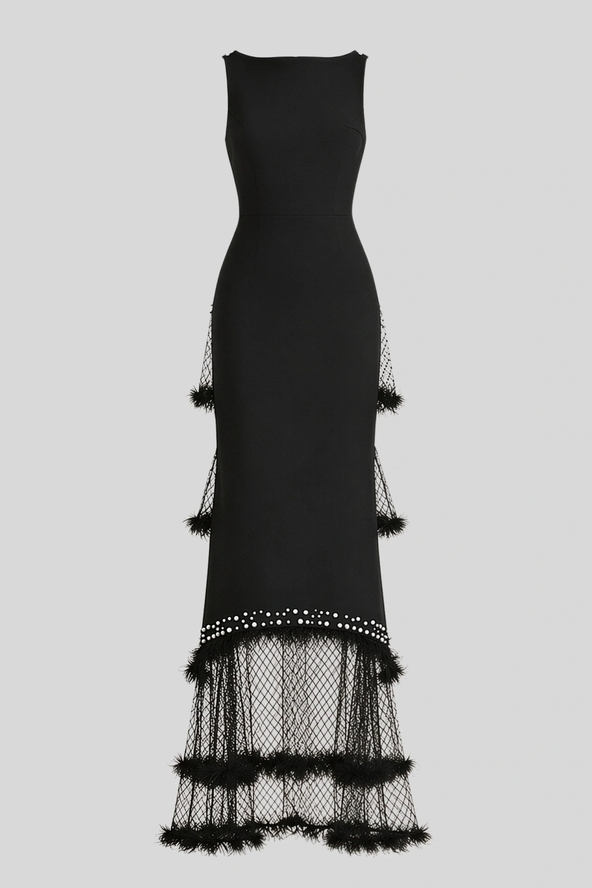 Black Beaded Tulle-Tiered Slim Maxi Dress Black