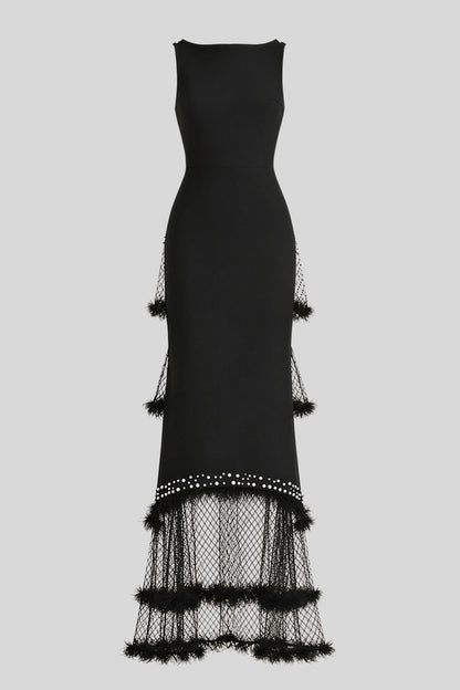 Black Beaded Tulle-Tiered Slim Maxi Dress Black