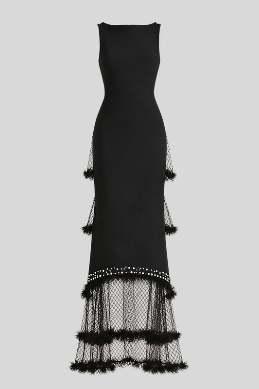 Black Beaded Tulle-Tiered Slim Maxi Dress Black