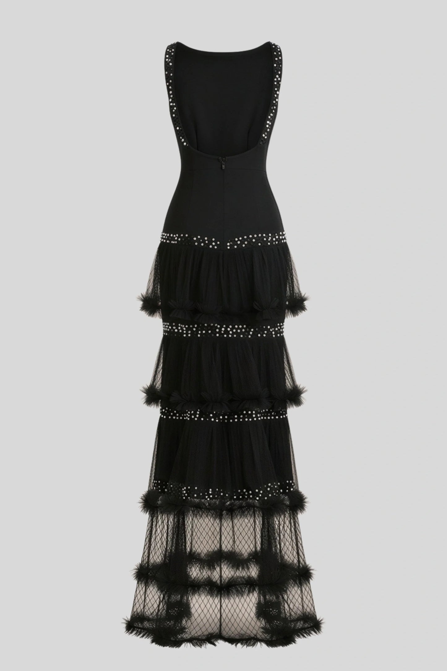 Black Beaded Tulle-Tiered Slim Maxi Dress Black