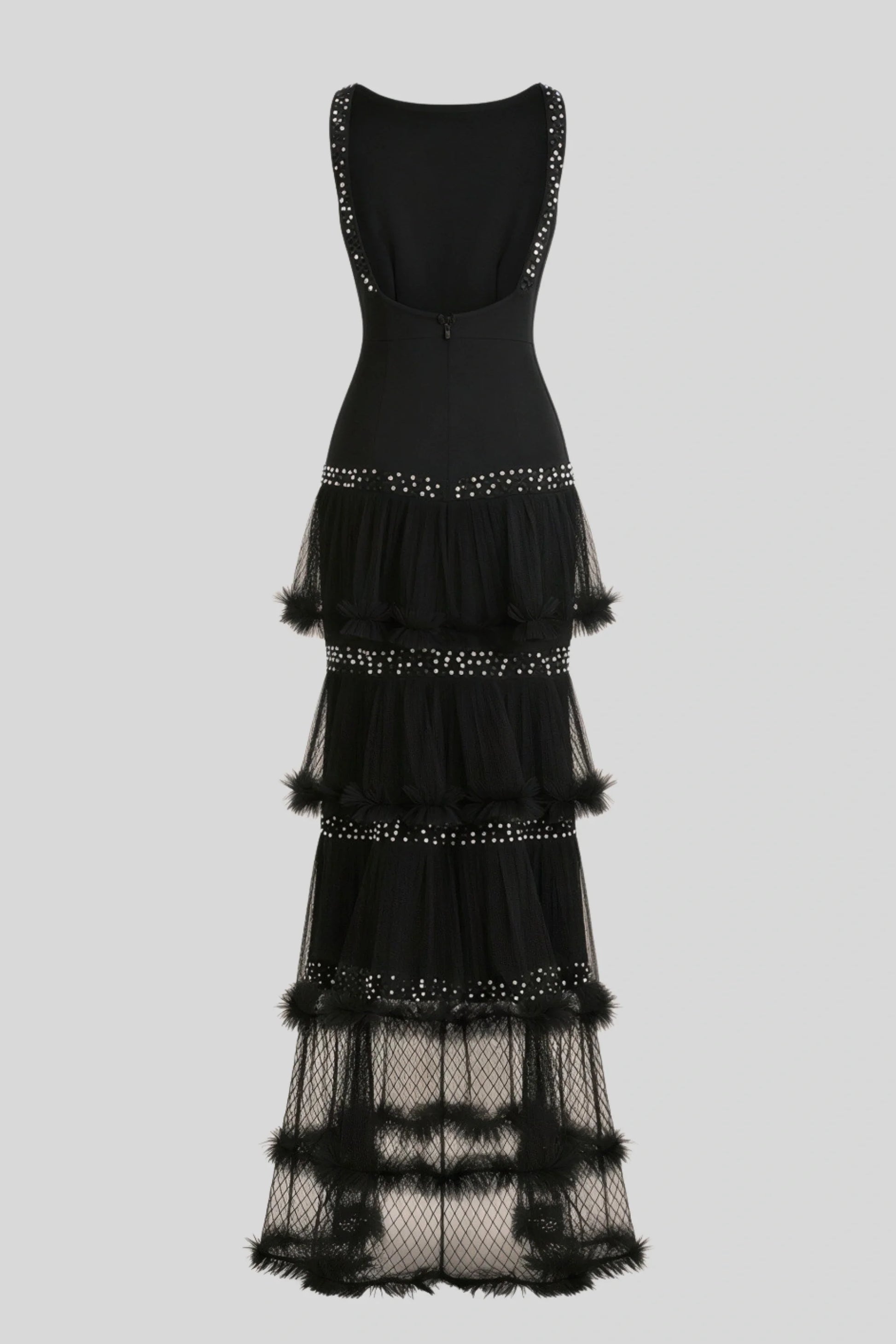 Black Beaded Tulle-Tiered Slim Maxi Dress Black