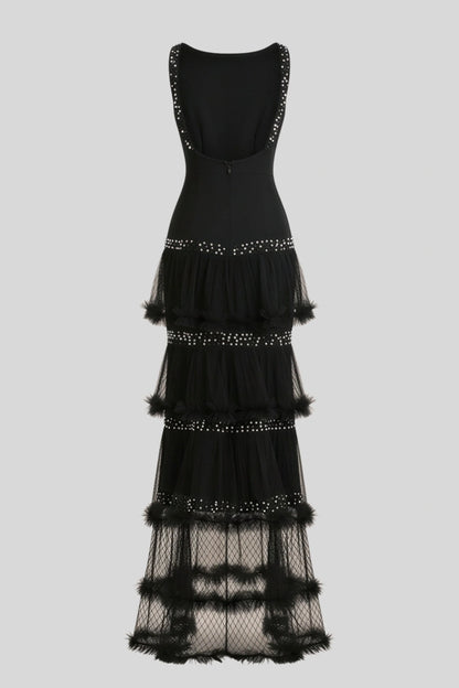 Black Beaded Tulle-Tiered Slim Maxi Dress Black