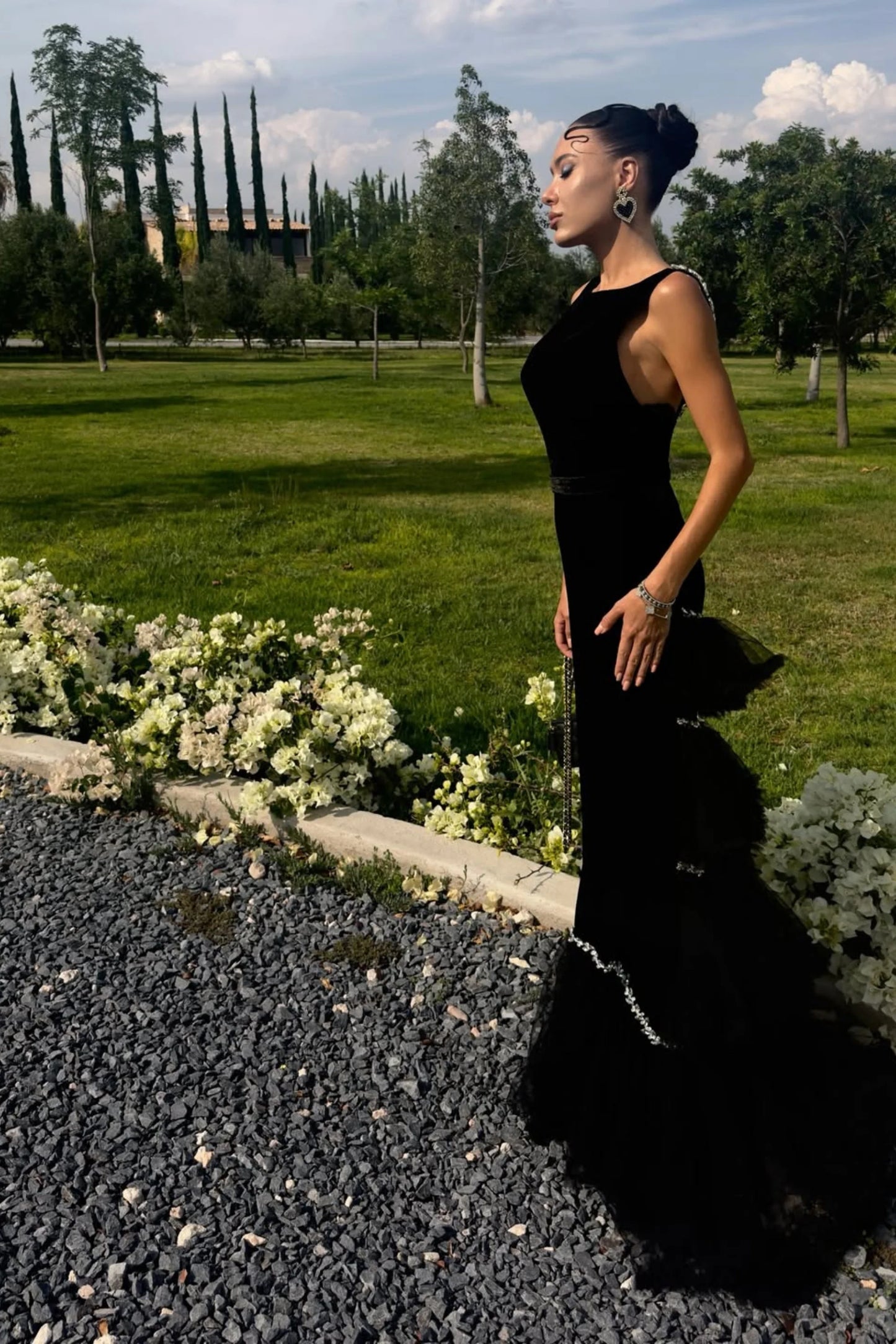 Black Beaded Tulle-Tiered Slim Maxi Dress Black