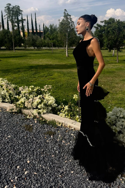Black Beaded Tulle-Tiered Slim Maxi Dress Black